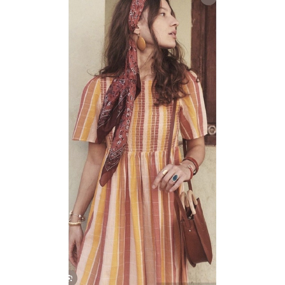 Sezane Magda Mini Dress XS Smocked Bodice Stripe Indian Cotton Boho Chic